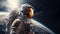 Astronaut against the backdrop of the earth in space. Neural network AI generated