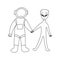 Astronaut and alien. Friendship of civilizations. Vector doodle