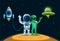 Astronaut with alien friendship standing on planet with spaceship and ufo concept in cartoon illustration vector