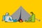 Astronaut and alien on picnic. Spaceman and green Space Invader on camping. vector illustration