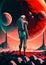 Astronaut on an alien planet. Futuristic space exploration concept. Digital painted poster. Generative AI