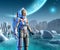 Astronaut on Alien planetary system, ice, Sea and mountains, sci-fi landscape, 3d illustration