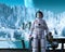 Astronaut on alien planetary system, space base near mountains, ice and river, 3d illustration