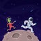 Astronaut and alien. Spaceman runs away from alien humanoid with blaster gun. War in space cartoon vector childish