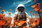 Astronaut in alpine meadows, in a field of poppies