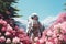 Astronaut in alpine meadows, in a field of rhododendrons