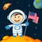 Astronaut with american flag stands on lunar. Space walk on moon