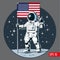 Astronaut with american flag stands on moon. Vector illustration