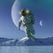 Astronaut in another planet is floating in the air on the ice lake