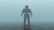 Astronaut in an Black an Gold Advanced Crew Escape Suit with Black Visor Standing in Water in a Foggy Overcast