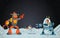 Astronaut cartoon children fighting a robot on the moon