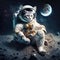 An astronaut cat in a white suit on a rocky planet with a starry sky and a nebula in the background