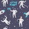 Astronaut Characters with Stars and Rocket Seamless Pattern. Cosmonaut in Space and Spaceship Background