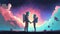 An astronaut couple holding hands against a space sky background