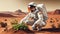 an astronaut cultivates plants on Mars