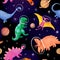 Astronaut dinosaurs in space with planets, stars seamless pattern. Cute spaceman dino in helmets kids design. Watercolor