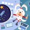 Astronaut dog with tube of juice on space station. Characters in cartoon style with background. Vector full color