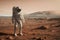 Astronaut explores Mars, revealing barren red planets rocky terrain