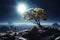 Astronaut explores moons desolation, near a solitary lunar tree
