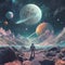 Astronaut exploring fantasy planet, night sky on background. AI Generative