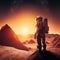 Astronaut exploring planet mars with sun and mountains, created using generative ai technology