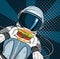 Astronaut with fast food hamburger in pop art style. Cosmonaut on blue background eating cheeseburger