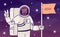 Astronaut flat vector illustration. Spaceman with flag and victory hand in galaxy. Spacewalk. Stars in cosmos