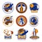 Astronaut flight, aviation, space shuttle and rockets vintage vector labels, logos, badges, emblems