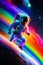 Astronaut floating on colorful space rainbow galaxy. Astronaut journey time Travel Milky way Cosmos Discovery zero gravity.