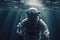 An astronaut is floating in the ocean. Spaceman in the underwater. Generative AI