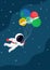 Astronaut floating with planets like balloons in cute flat cartoon style