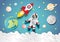 Astronaut floating in the stratosphere and rocket or spaceship in space background vector