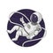 Astronaut floating on a tether in space. Thumbs up gesture. Cartoon illustration. Sign, poster, badge, sticker design.