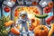 An astronaut and floating vegetables and fruits Inside a space station