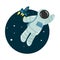 Astronaut flying in outer space with rocket behind vector illustration