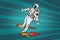 The astronaut is flying on a space rocket skateboard