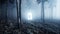 Astronaut in fog night forest. Light portal door. landing place. 4K animation. 3d rendering.