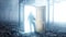Astronaut in fog night forest. Light portal door. landing place. 4K animation. 3d rendering.