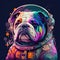Astronaut french bulldog in space suit with futuristic space background outer deep space.