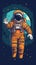 Astronaut, full face, half body, floating in space, fingers pointed at the viewer