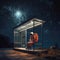Astronaut in full space suit patiently waiting at a bus stop at night. Sci fi concept. Generative AI