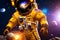 Astronaut in futuristic space suit standing near golden treasures and wealth