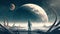 An astronaut gazes at a planet in the sky while standing in a peculiar sea in the digital art style