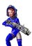 Astronaut girl vintage running with a laser gun on white background close up