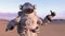 Astronaut giving thumbs up with reflection of mars rover on his helmet, cosmonaut on a deserted planet, 3D render