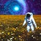 The astronaut goes through the field of flowers