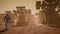 Astronaut goes on the surface of Mars through a dust storm past the giant solar panels. Panoramic landscape on the