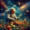 Astronaut harvesting amidst cosmic bounty