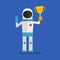 Astronaut holding golden cup and showing thumbs up. Flat people