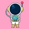 Astronaut holding planet earth, cute cartoon icon illustration